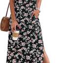 MISFAY Women's Summer Casual Maxi Dress 2026 Short Sleeves V Neck Loose Sundress Split Long Beach T Shirt Dress Vacation Outfits(Black Red Flower,M) (M)