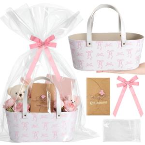 Wonderjune Easter Gift Basket Empty Pink Bow Leather Gift Basket with Handles Gifts Bag Ribbons Greeting Cards for Easter Spring Wedding Baby Shower Favor Stuffers Wrapping(13.4 x 7.5 x 5.5 Inch)