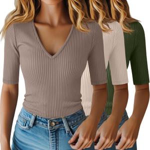 Riyiper 3 Pack Womens Half Sleeve V Neck Ribbed Tops (S)