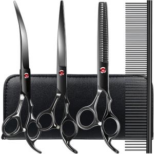 Professional Dog Grooming Scissors kit Black 5 in 1, Dog Shears for Grooming 6CR Premium Stainless Steel Grooming Scissors Kit for Dogs Cat Pet