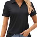 MAGCOMSEN Women's Golf Shirts Short Sleeve Polo Collared Tennis Shirt V Neck Quick Dry Sun Protection UPF 50+ (Small, Black)