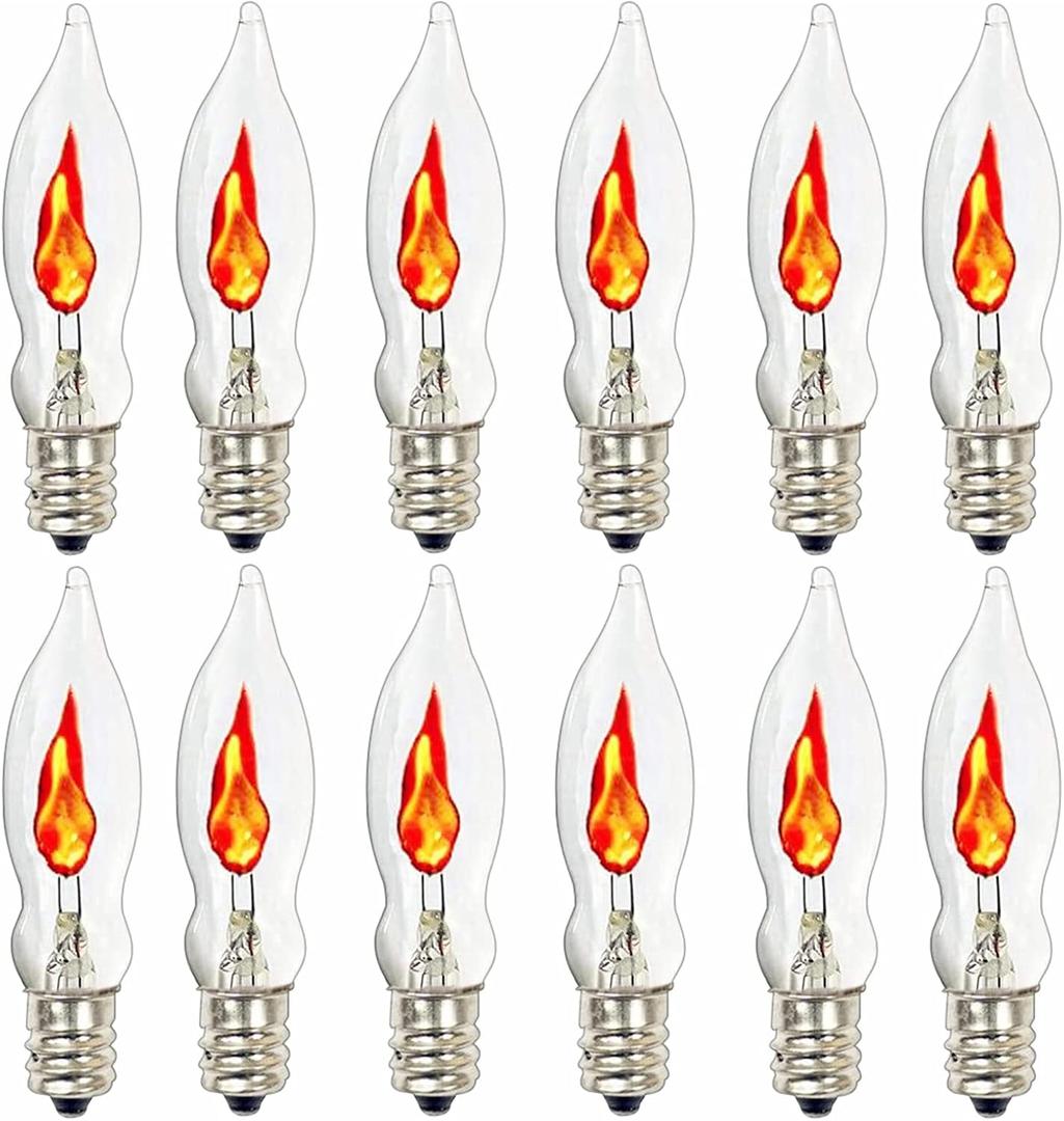 SUNSGNE Christmas Flicker Flame Light Bulbs, Crystal Clear Flame Tip Candelabra Bulbs, C18 Flickering Replacement Bulbs Dances with Orange Flame, 1 Watt, 120 Volt, E12 Candelabra Base, 12 Pack