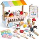 Wooden Ice Cream Cart Toy Playset with Ice Cream Toys Pretend Play Food Truck Play Kitchen Accessories with Ice Lolly & Scoop & Menu Wooden Toys Gift for 3 4 5 6 7 8 Year Old Girls Boys