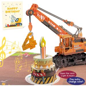 3D Greeting Pop Up 4th Birthday Card with light and music, Crane Truck card For Boy, Nephew, Grandson, Son, Toddler, with Envelope, Message Card - Open it play: plays hit song 'Happy Birthday'