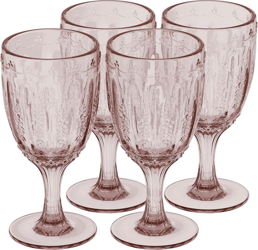 Elle Decor Set of 4 Wine Goblets | Pink Colored Glassware Set | Colored Wine Glasses | Vintage Glassware Sets | Water Goblets for Party, Wedding, & Daily Use | Wine Glass - 10 oz