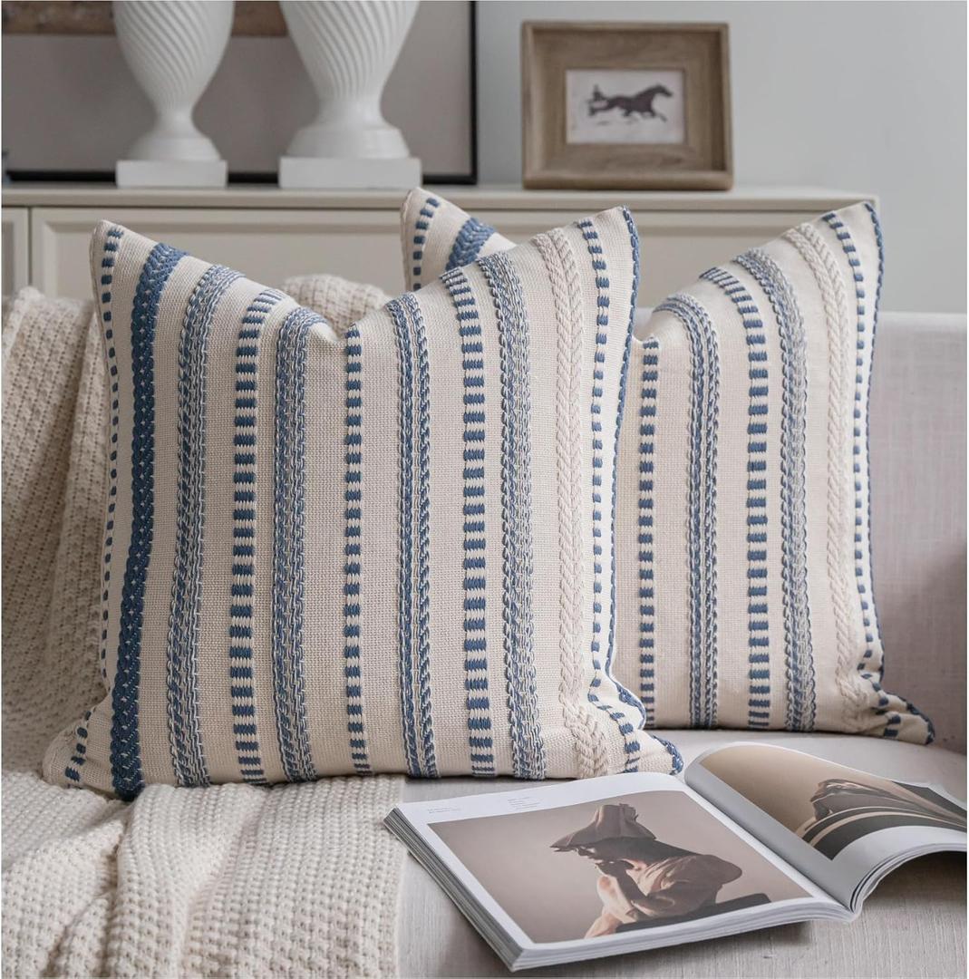 Cethom Blue and Beign Boho Throw Pillow Covers 18x18 Inch Set of 2, Stripe Textured Decorative Couch Pillow Cases for Bed, Sofa, Living Room, Bedroom, Farmhouse Home Accent Cushion Covers