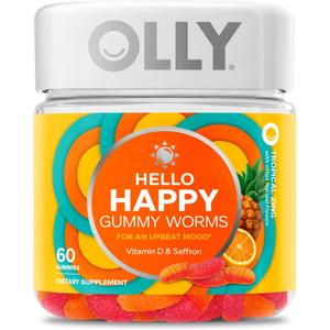 OLLY Hello Happy Gummy Worms, Mood Support Gummies For Adults,* Saffron Extract, Vitamin D, Tropical Zing Flavored, 30 Day Supply - 60 Count ,  exp date 22 Sep 2027