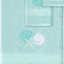 3 Pcs Coastal Seashell Bathroom Towel Set Farmhouse Embroidered Coastal Seashell Towels Vintage Decorative 100% Cotton Bath Towel Highly Absorbent Summer Decor Set for Bathroom (Blue) (14.96"L x 11.81"W)