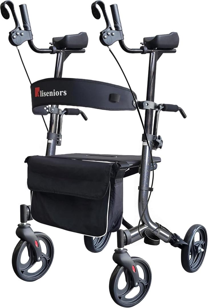 Aliseniors Upright Walker for Seniors, Foldable Rollator with Seat, Gray