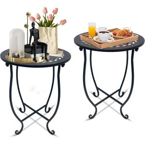 Round Side Table Set of 2, Metal Patio Side Tables End Tables, Weather Resistant Round Coffee Table Bedside Table Nightstand for Home Garden Office, 14 Inch Outdoor Side Table for Patio Balcony Yard