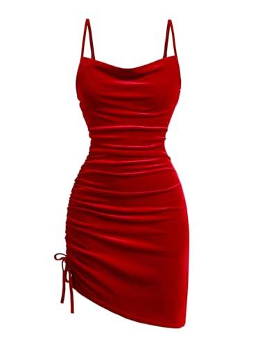 SHENHE Girl's Velvet Cami Dress Drawstring Ruched Spaghetti Strap Mini Tight Dress Party Red 12 Years