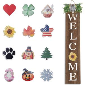 Interchangeable Outdoor Welcome Sign for Front Porch Standing 47"8" Set of 3 Large Wood Frame with 12 Pcs Icons Vertical Tall Leaner Outside Welcome Sign for Front Door Decor (Wood) (45"L x 9"W)