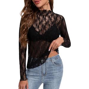 Womens Lace Mesh Long Sleeve Top Floral Sheer See Through Sexy Tops Mock Neck Shirts Party Club Night Blouses, Size XL
