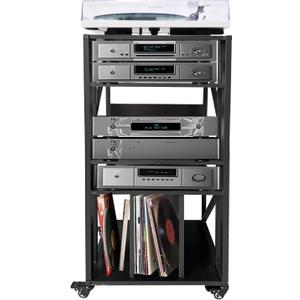 5 Tier Record Player Stand with Vinyl Storage, av Media Stand, Stereo Audio Rack Tower with Wheels, Entertainment Stereo Components (Black-Grill, 43in  15.7in  19.7in)
