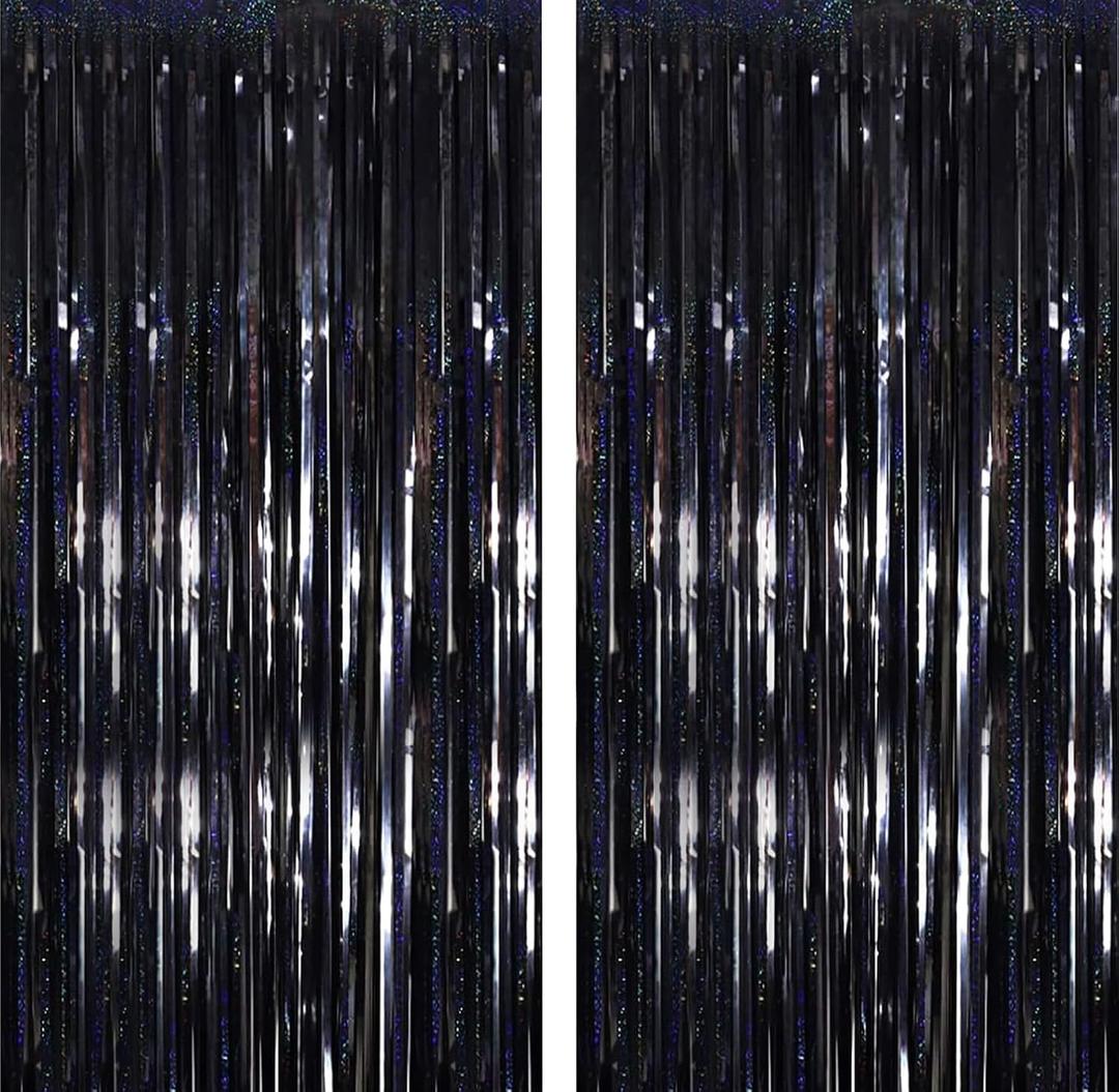 2 x Black Laser Tinsel Glitter Foil Fringe Curtain Birthday Party Streamers Backdrop Decorations Photo Booth Theme Bachelorette Graduation Decor