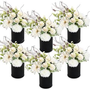 Party Table Centerpieces - Set of 6 Pre-Made Daisy Floral Arrangements with Black Metal Vase for Birthday, Baby Shower, Events Celebration Decorations - Ivory White & Rose Gold