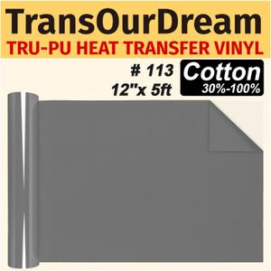 TransOurDream Matte Grey HTV Heat Transfer Vinyl Roll for All Cutter Machines - 12'' x 5ft PU Grey Iron on Vinyl for T-Shirts - Thin and Easy to Weed