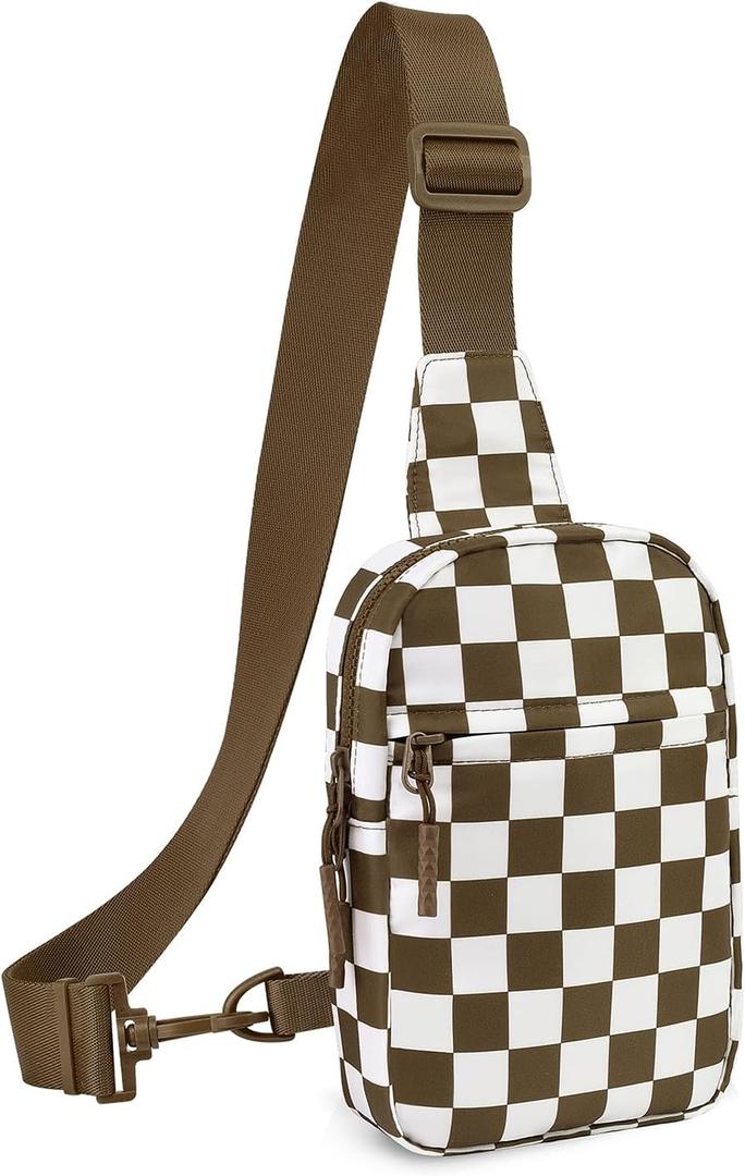 Small Checkered Crossbody Sling Bag Chest Bag Water Resistant Fanny Pack Running Phone Holder for Women Men Workout Travelling Hiking(Caramel)