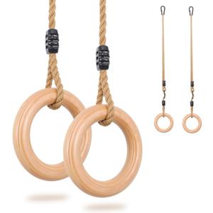 YAERSI Wooden Gymnastics Rings,Pull up Rings with Adjustable Buckle, Wooden Swing Rings for Kid's Home Exercise