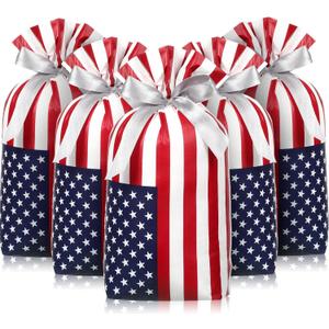 Clysee 100 Pcs Patriotic Gift Bags Bulk with Drawstring 4th of July Plastic American Flag Treat Goodie Bags USA Red Blue and White Candy Pouches Independence Day Patriotic Party Favors Supplies