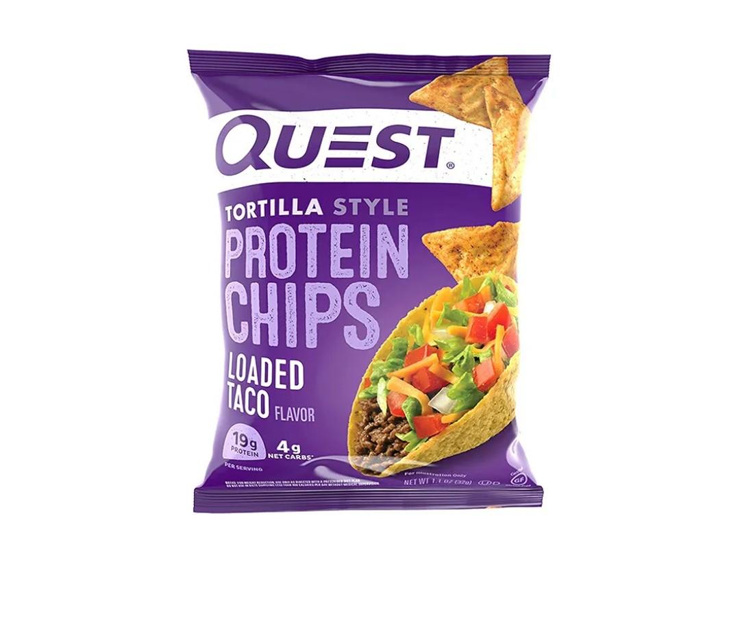 QUEST NUTRITION - Tortilla Style Protein Chips, Nacho Cheese Loaded Taco, Low Carb, Gluten Free, Chili Lime, Box of 12 (BBD:05/22/26)