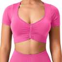 TAYOEA Crop Tops Workout for Women Yoga Short Sleeve Shirts Seamless V-Neck Gym T Shirts with Built in Pads (Pink, XS)