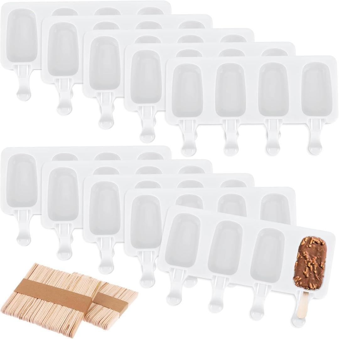 Popsicle Molds Set of 10, 40 Silicone Ice Cream Mould 4-Cavity Ice Lolly Mold Reusable Oval Cake Pop Molds Baking Molds with 200 Wooden Sticks for DIY Making Ice Candy Chocolate Jelly