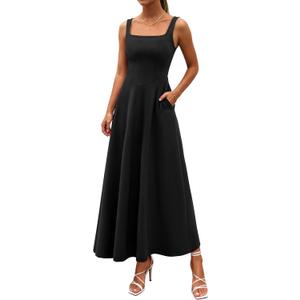 PRETTYGARDEN Womens Summer Dresses 2026 Sleeveless Elegant Square Neck Aline Swing Maxi Beach Wedding Guest Dress Pockets (Large, Black)