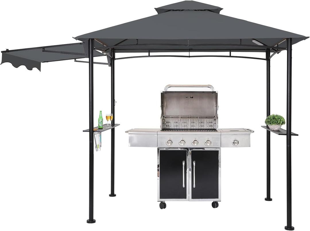 FAB BASED 5x8 Grill Gazebo with Extra Awning, All-Weather Steel Construction, Double Tiered & Resistant Canopy Roof, Metal Serving Shelves, 2 LED, Bottle Opener for Patio, Backyard, BBQ (Dark Gray)