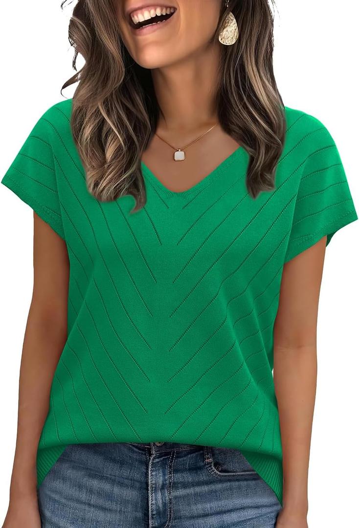 WIHOLL Short Sleeve Sweater for Women V Neck Trendy Summer Tops 2025 Beach Vacation Clothes Travel Business Casual Outfits (X-Large, Green) WIHOLL Short Sleeve Sweater for Women V Neck Trendy Summer Tops 2025 Beach Vacation Clothes Travel Business Casual Outfits (X-Large, Green)