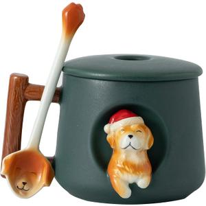DIHOclub Ceramic Coffee Mug with Lid and Matching Spoon,Novelty 3D Golden Retriever Pattern Mug for Tea Milk Chocolate Juice,Cute Cup for Dog Lovers,Perfect Christmas Gifts-14 Ounces (green)