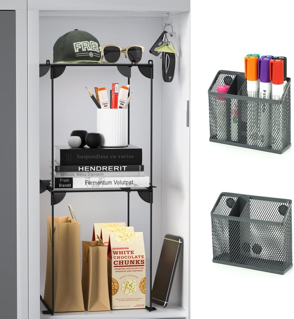 Neudeco Locker Accessories and Decor Kit, Including Mesh Shelf, Organizer, Magnetic Basket and Pen Holder, Suitable for School, Work, Kitchen, Bathroom, (Pack of 4, Grey) (12 Iinch-4 Pieces)