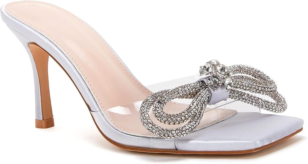 VETASTE Women's Heeled Sandals Square Open Toe Double Bow Satin Mules Heels Wedding Party Slip on Stilettos (9)