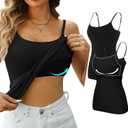 V FOR CITY Women's Shelf Bra Camisole Tops Adjustable Spaghetti Strap Cami Tank Cotton Undershirts 2 Pack (X-Large, Black)