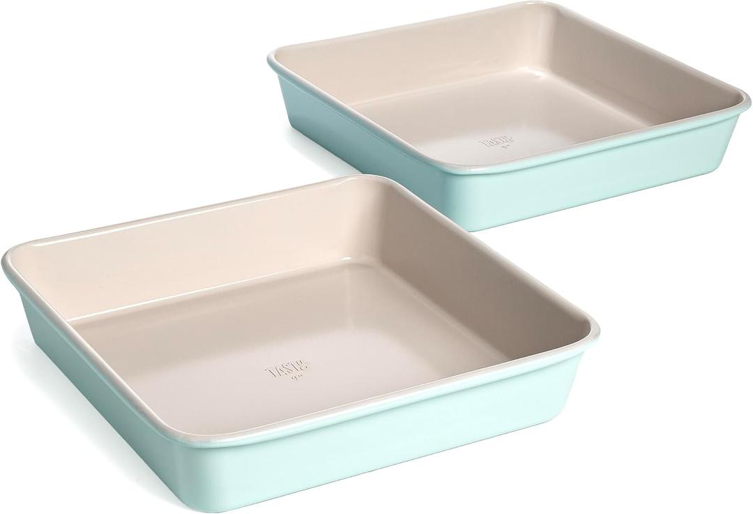 Tasty Clean Ceramic Square Cake Pans Set, 2-Pack of 9-Inch Cake Pans, Durable Aluminized Steel for Professional Results, Clean Ceramic Nonstick Coating, Oven Safe to 425F, Dishwasher Safe, Aqua