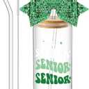 Hushee Class of 2027 Senior Night Gifts 16 oz Glass Water Bottle with Lids Straws Glitter Bow Straw Topper Senior 2027 Tumbler Graduation Gift for Her Women Team Coach Player(Green)