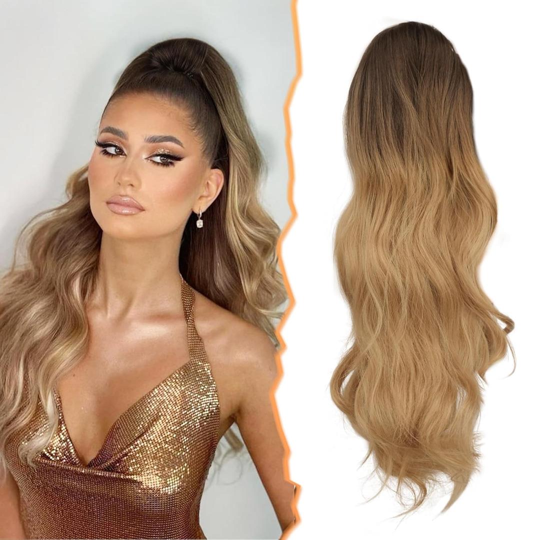 BARSDAR Claw Clip Ponytail Extension - 20 Inch Long Wavy Ombre Blonde Ponytail Hair Extensions for Women - Synthetic Claw Clip in Ponytail Hairpieces Daily Party - Brown Ombre Blonde (20 Inch (Pack of 1))