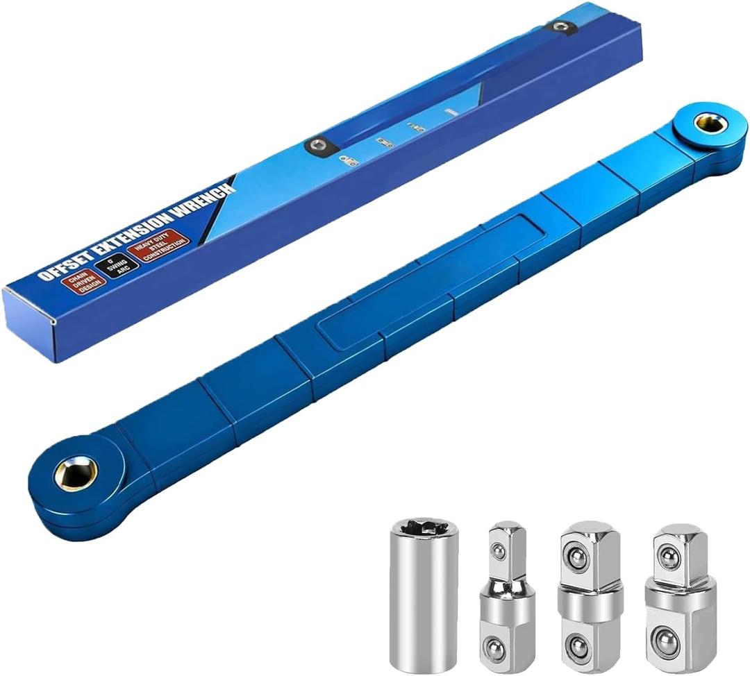 Offset Extension Wrench Set,3/8" Socket Wrench Extender Tool with 1/4",3/8",1/2" Square Drive Adapters & 3/8" Square Adapters Drive Socket,Universal Extensions Wrench for Tight Spaces (Blue)