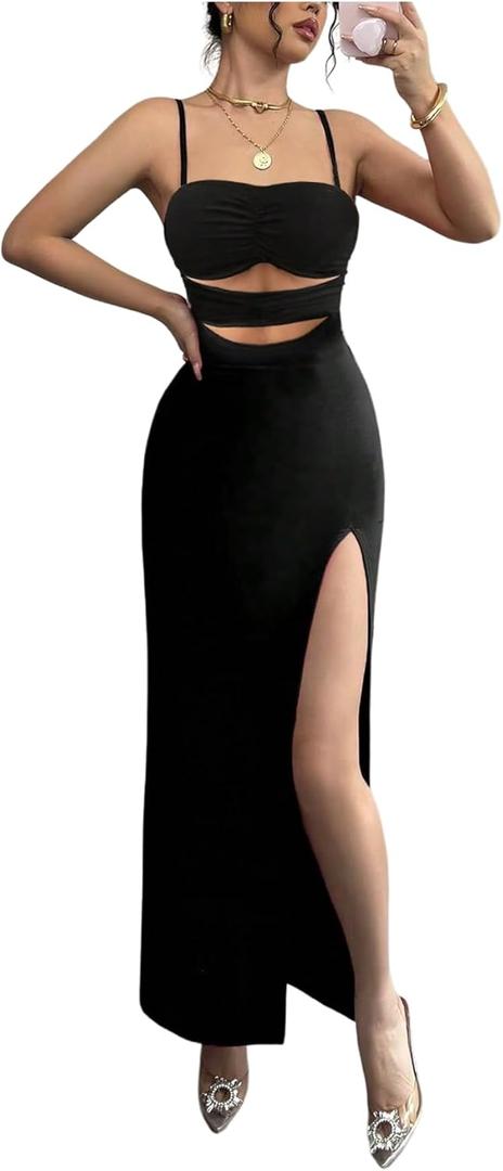 Milumia Women's Sexy Cut Out Spaghetti Strap Dress High Slit Bodycon Party Dresses, Large