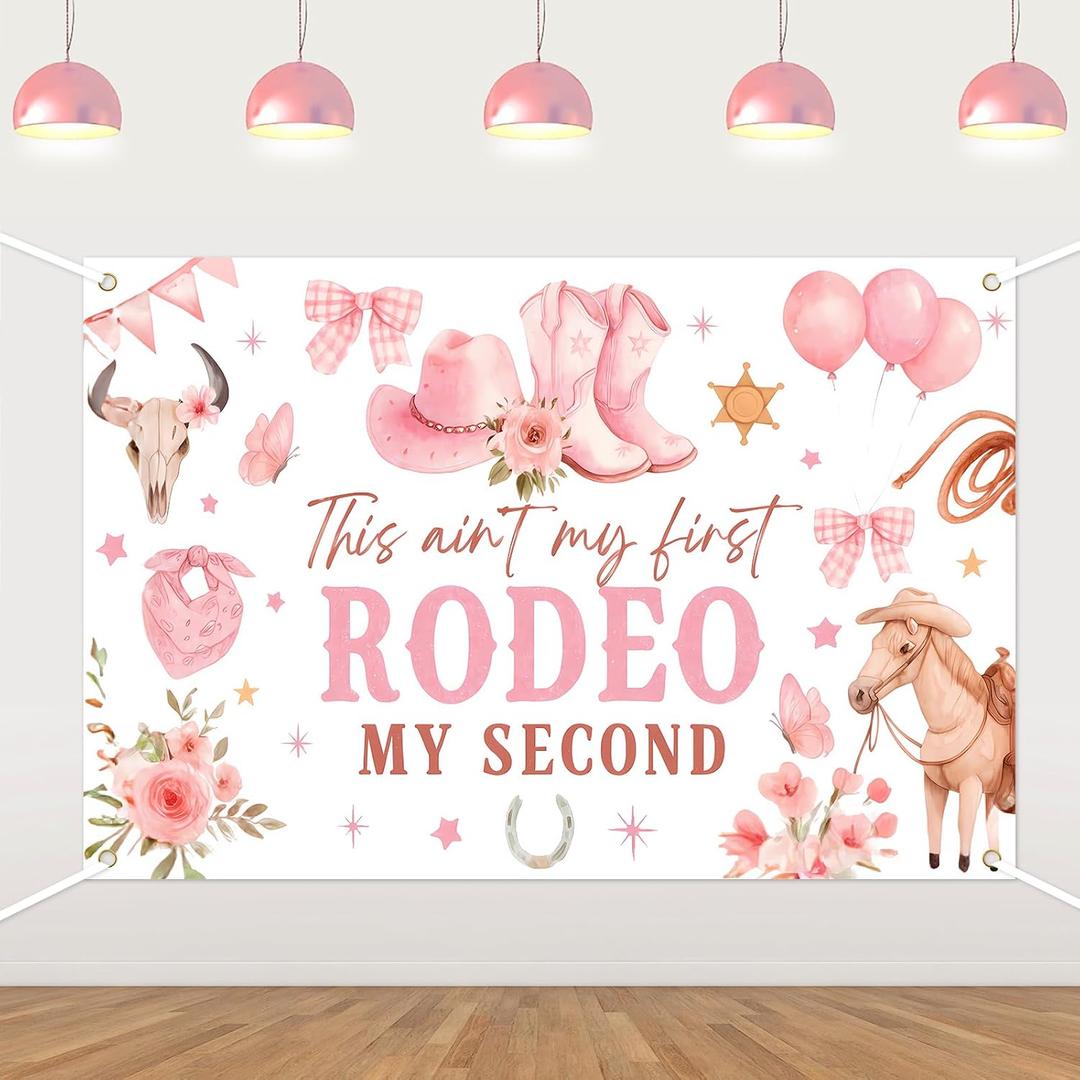Pink Floral Cowboy 2nd Birthday Backdrop,This Ain't My First Rodeo My Second Rodeo Theme Party Decoration Photo Booth Background for Girls Second Birthdays Party Supplies 100x150cm