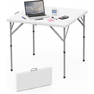HLPB 34'' Square Folding Card Table, Fold-in-Half Portable Dining Table with Handle and Safety Lock, Foldable Plastic Dining Table Indoor Outdoor for Camping, Picnic and Party Event, White