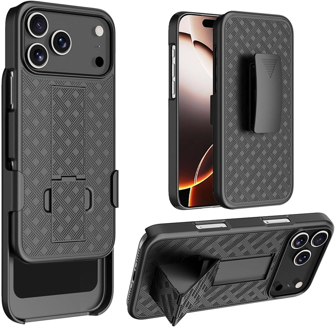 for iPhone 17 Pro Holster Case, Belt Clip Cover for iPhone 17 Pro, Shell Holster Combo Slim Rugged Case with Kickstand (6.3") 2025 Release, Black