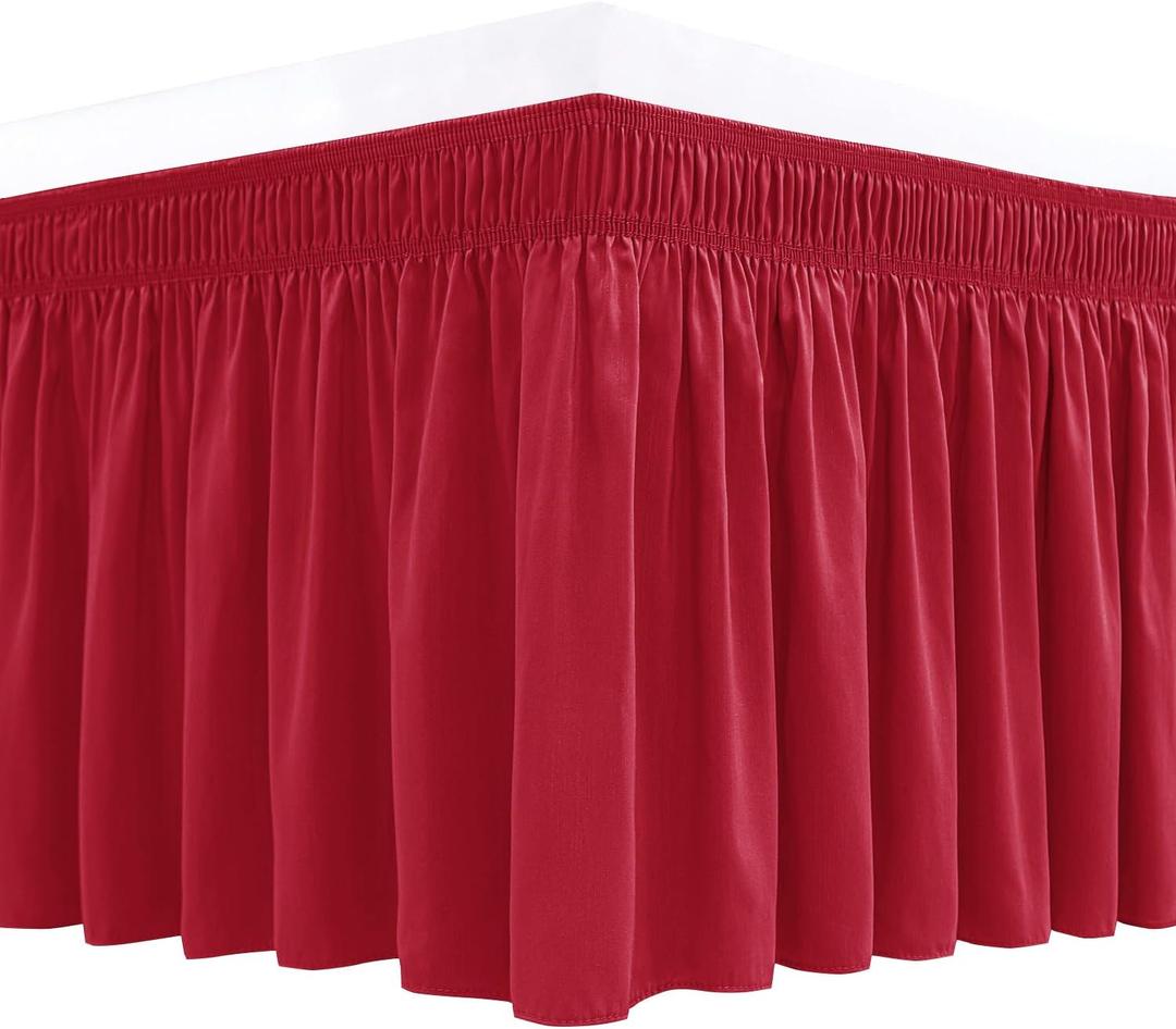 Wrap Around Bed Skirts for Queen Size Beds 18" Drop, Red Adjustable Elastic Dust Ruffles Easy Fit Wrinkle Resistant Silky Luxurious Fabric Machine Washable