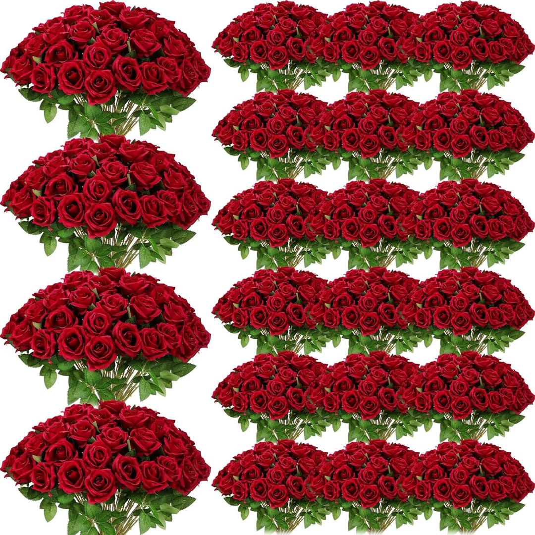 Riceshoot 500 Pcs Artificial Silk Roses Flowers with Long Stem Bridal Wedding Bouquet Realistic Floral Bulks for Garden Home Party Gifts Favor Decoration(Wine Red)