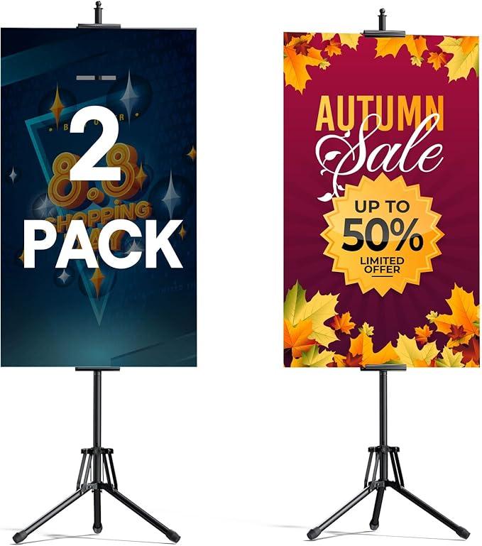 GSOW Poster Stand for Display, 80'' Adjustable Sign Stand Tripod, Retractable Poster Board Stand DoubleSided Banner Stand, Foldable Floor Standing Sign Holder Signage Stand with Portable Bag, 2 Pack