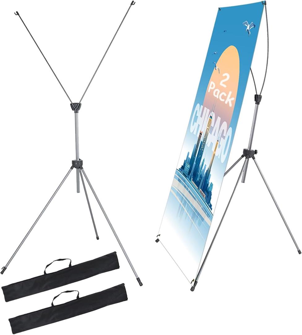 2 Pack X Frame Banner Stand Fits Any Banner Adjustable Size 23"X63" to 32"X78" with Portable Retractable Carrying Bag, Customize Stand for Trade Show Exhibition Market and Store Display, Silver