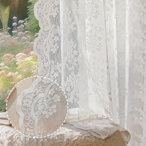 Vintage Lace Curtains 84 Inches Long 2 Panels, Romantic Semi Sheer Floral Lacy Curtains for Living Room, Elegant Window Drapes for Bedroom with Bow Curtain Ties, 55 Inch Wide Each Panel, White
