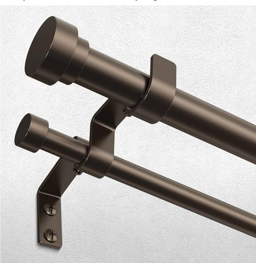 Double Curtain Rod, 1 Inch Bronze Long Dual Curtain Rods 84 to 120 Inch with Aluminium Modern End Cap Finial, Adjustable Heavy Duty Window Treatment Rod, Telescopic Metal Double Drapery Pole Set 36-120