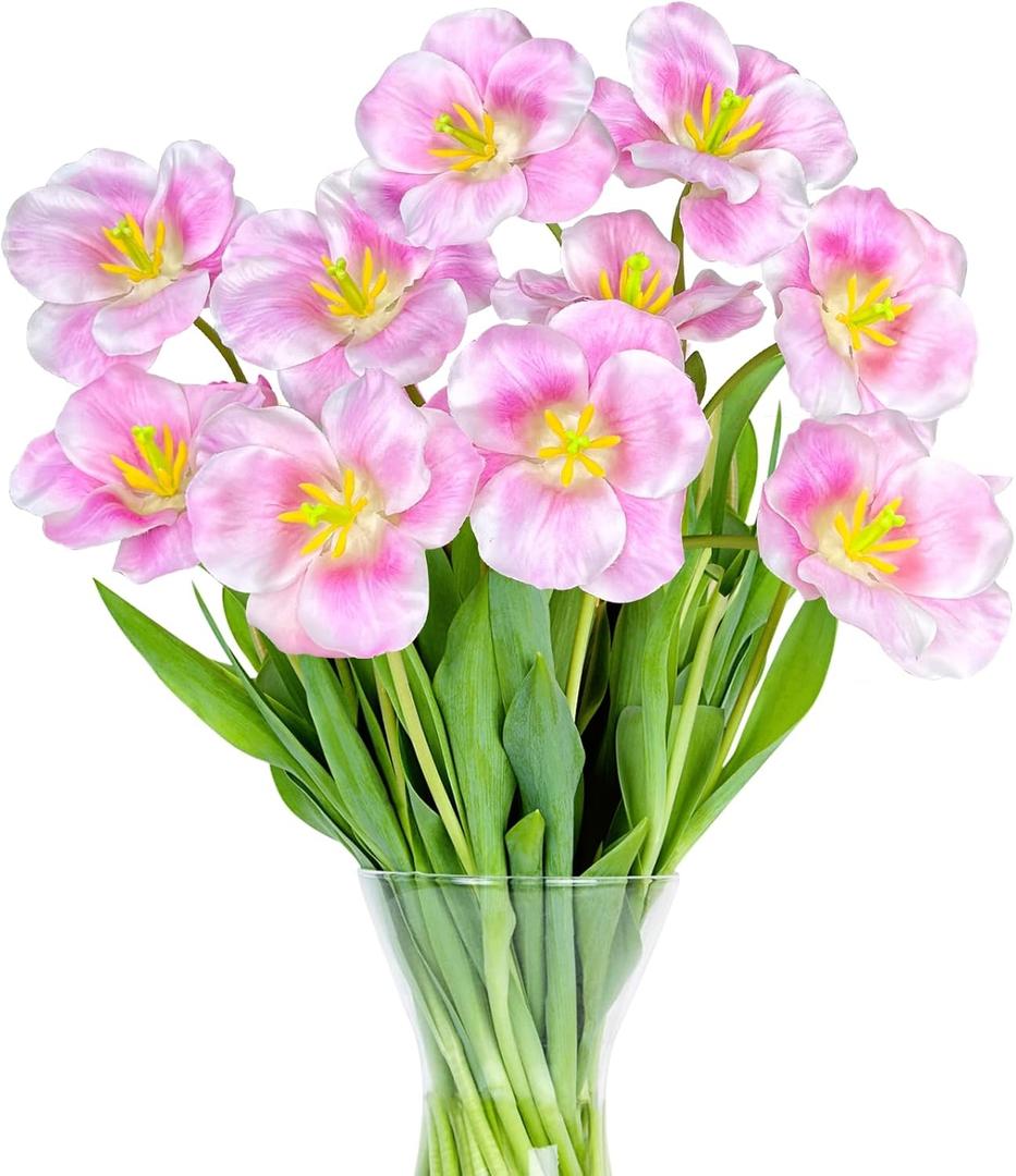 TURNMEON 10 Pcs Tulips Artificial Flowers for Outdoors Summer Decor, 22'' Fake Tulips Silk Fake Faux Flowers UV Resistant No Fade Wedding Bouquet for Home Office Table Gardens Porch Decoration, Pink