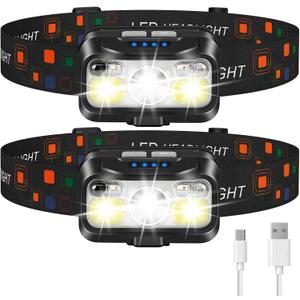 LHKNL Headlamp Rechargeable, Lumen Super Bright Motion Sensor Head Lamp Flashlight, 2-Pack Waterproof LED Headlight with White Red Light, 8 Modes Head Lights for Camping Cycling Running Fishing (Black)